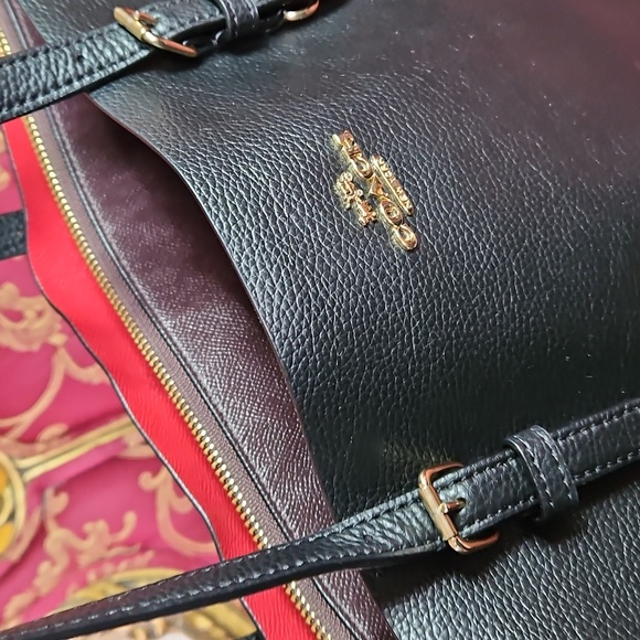 Coach Mollie Black Leather Tote with Red Interior - Picture 2 of 16